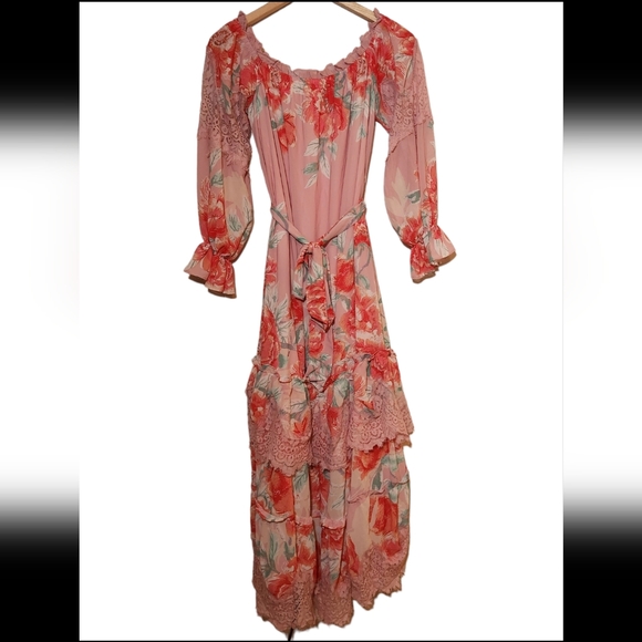 Flying Tomato Champagne & Strawberry floral off-the-shoulder tiered maxi dress - Picture 1 of 8